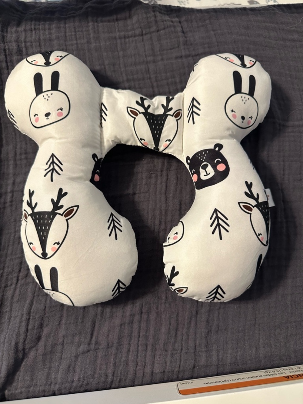 Plush Animal-Print Neck Support Pillow for Kids - White with Black Accents